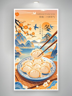 国潮风手绘水饺山水背景冬至节气创意海报